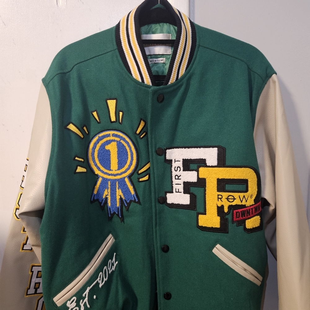Fashion Nova Winning Team Varsity Jacket Green Tan Black Bomber Coat SIZE MEDIUM - Picture 2 of 6